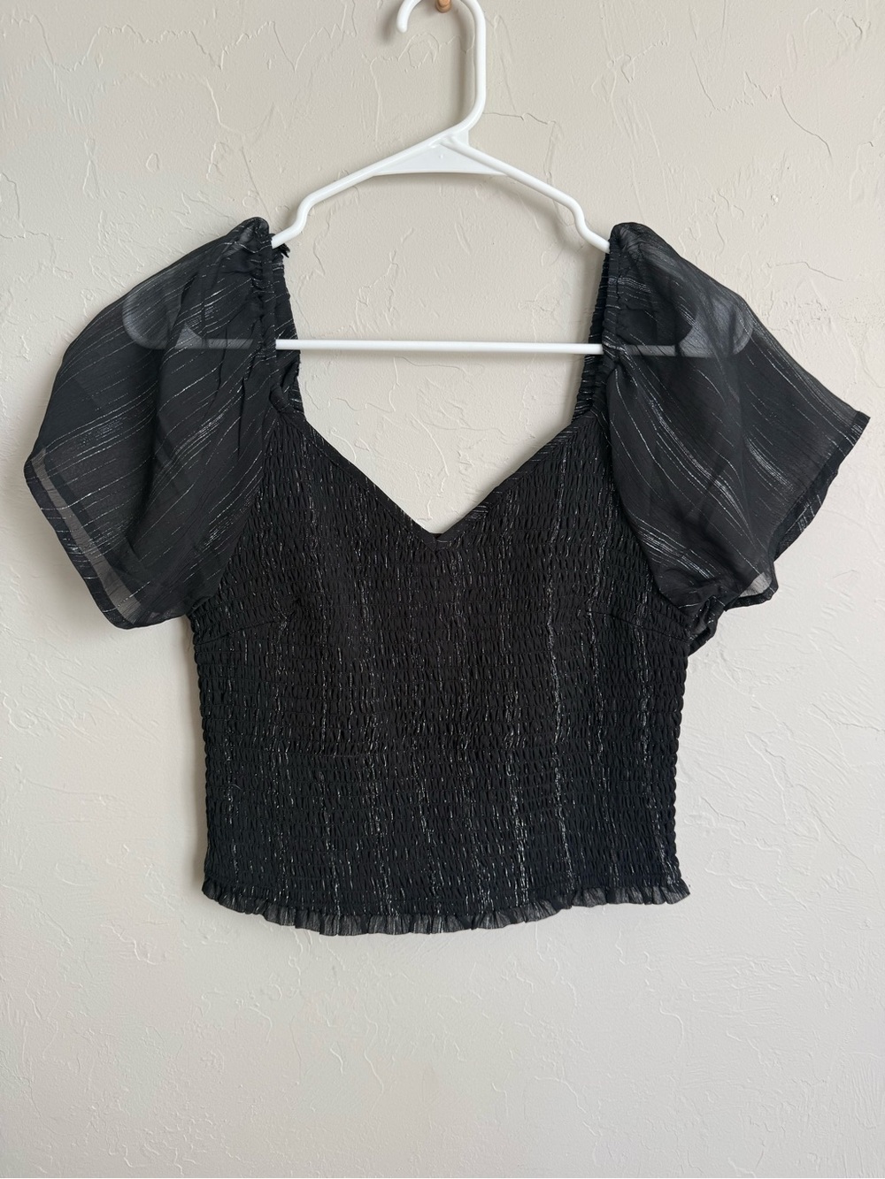 Black Puff-Sleeve Smocked Crop Top